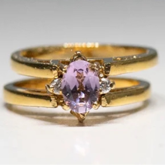 Vintage Art Deco 14k Gold Plated Amethyst Gemstone Cubic Zirconia Flip Ring - Picture 2 of 14
